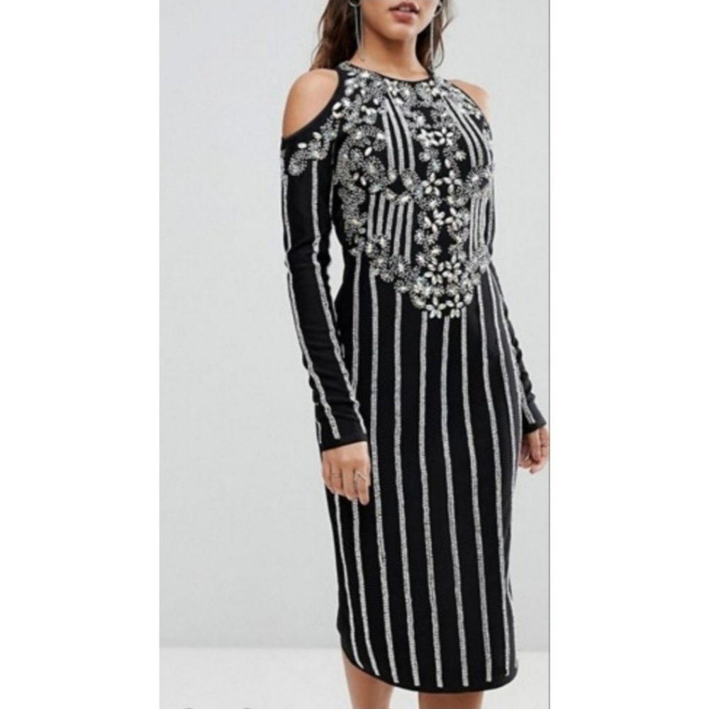 ASOS A Star is Born Embellished Midi Bodycon Black Silver Dress NWT